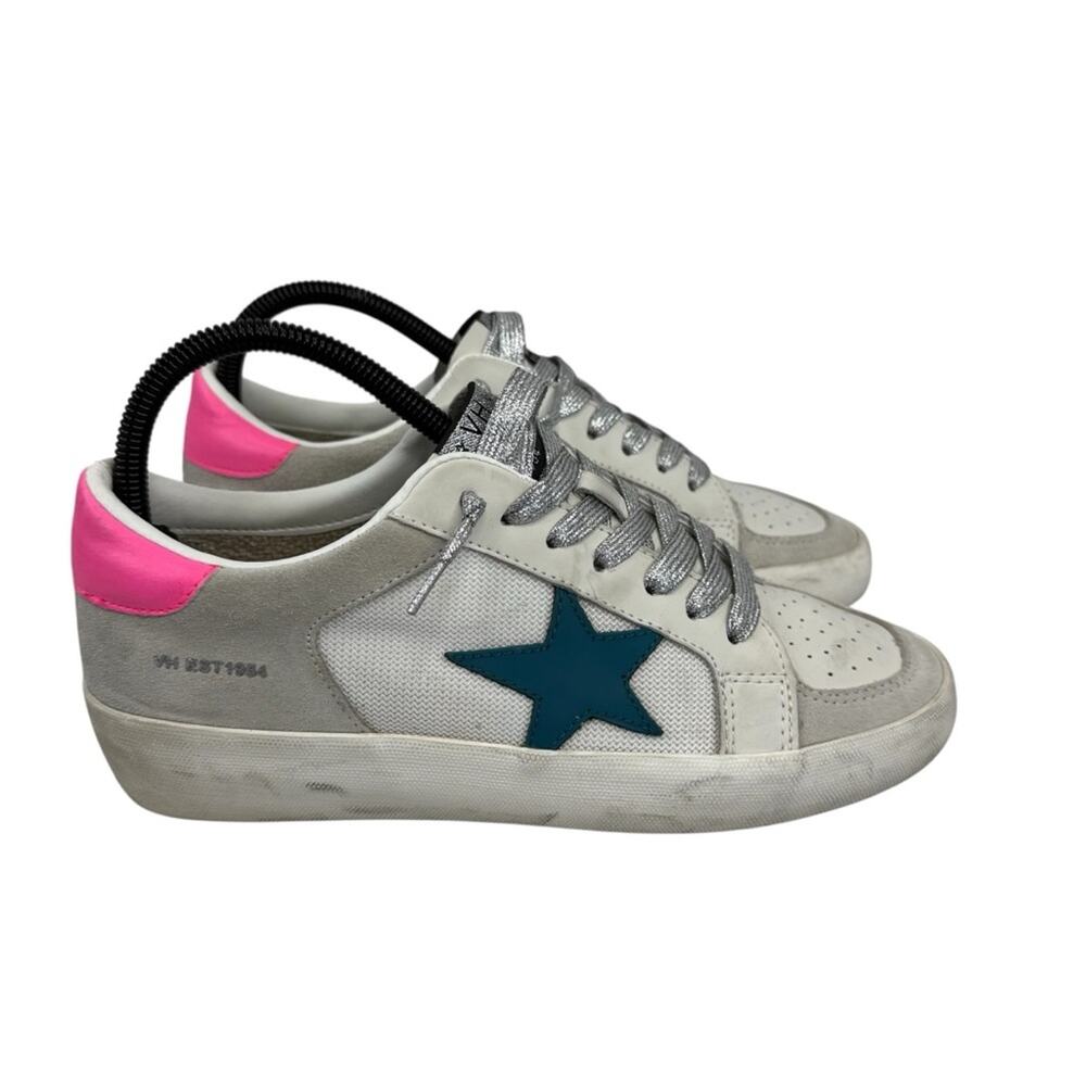 VINTAGE HAVANA Kenna Croc Embossed Leather Sneaker In White/grey/pink Pop Sz 8 - Picture 2 of 16